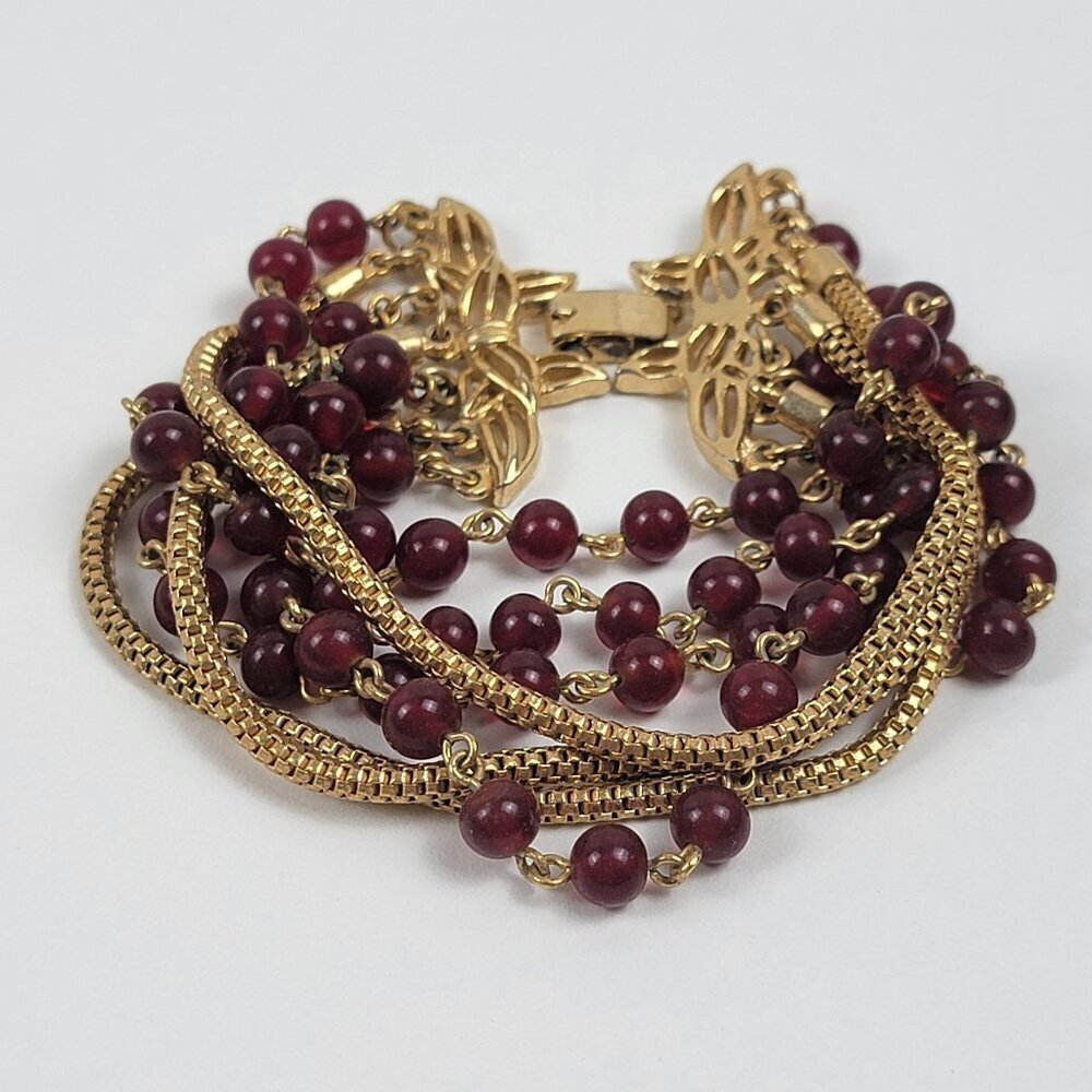 Vintage Gold-Tone Red Carnelian Multi-Chain Beaded Bracelet Fold Over Clasp 7.5"